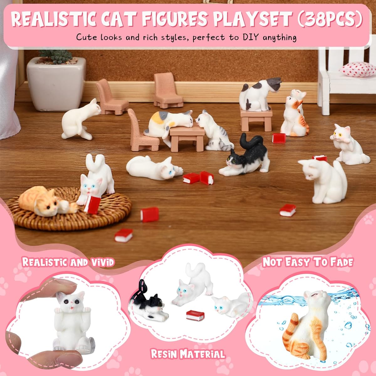38pcs Mini Cat Figurines Playset Toys 12 Different Styles Realistic Cat Figures Miniature Kawaii Cat Party Favors Pretend Pet Cake Topper Decoration Chair Book Role Play Educational Toy