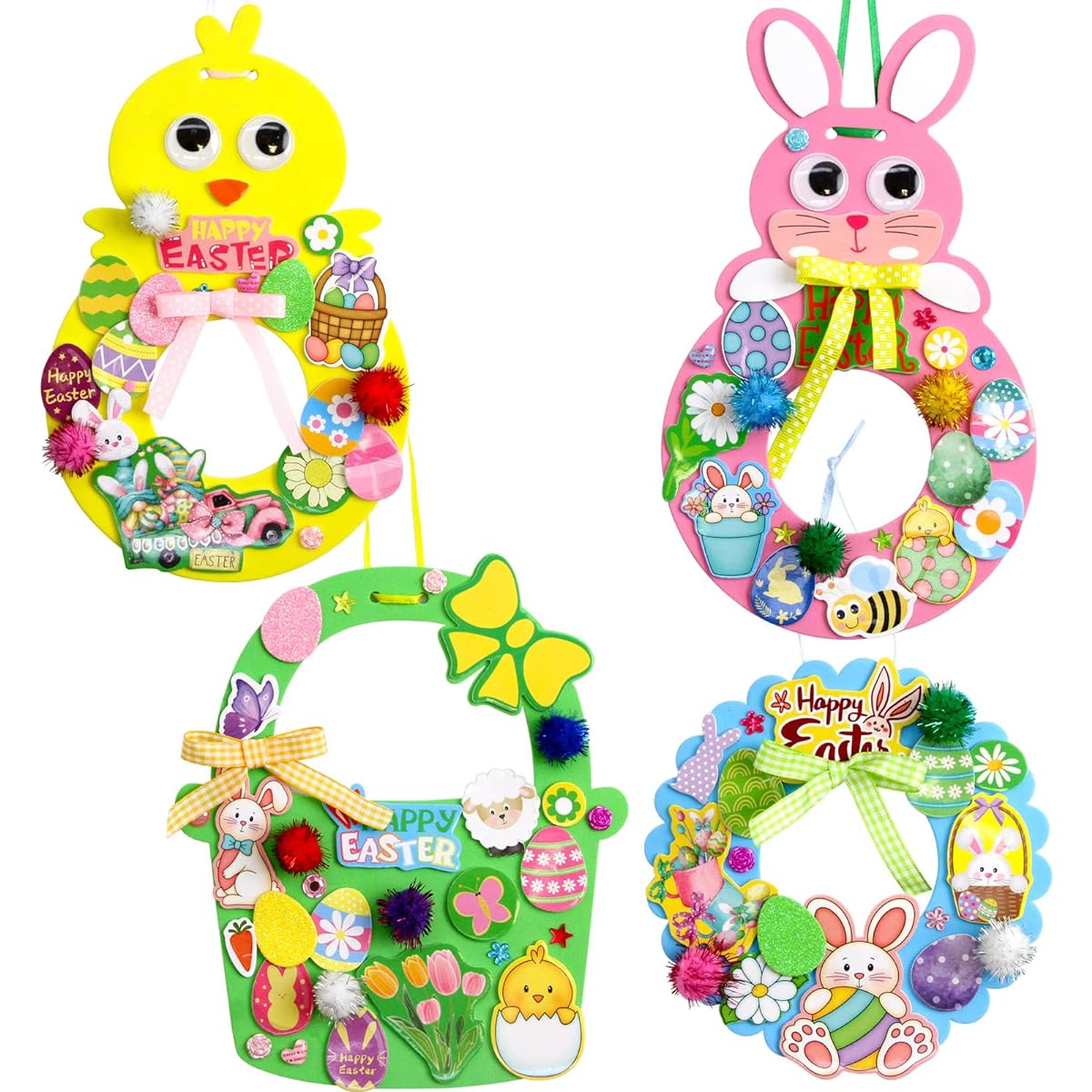 12 Sets Easter Bunny Chick Basket Wreath Paper Foam Craft Kits for Kids DIY Art Rabbit Craft Set Preschool Home Classroom Fun Game Activities