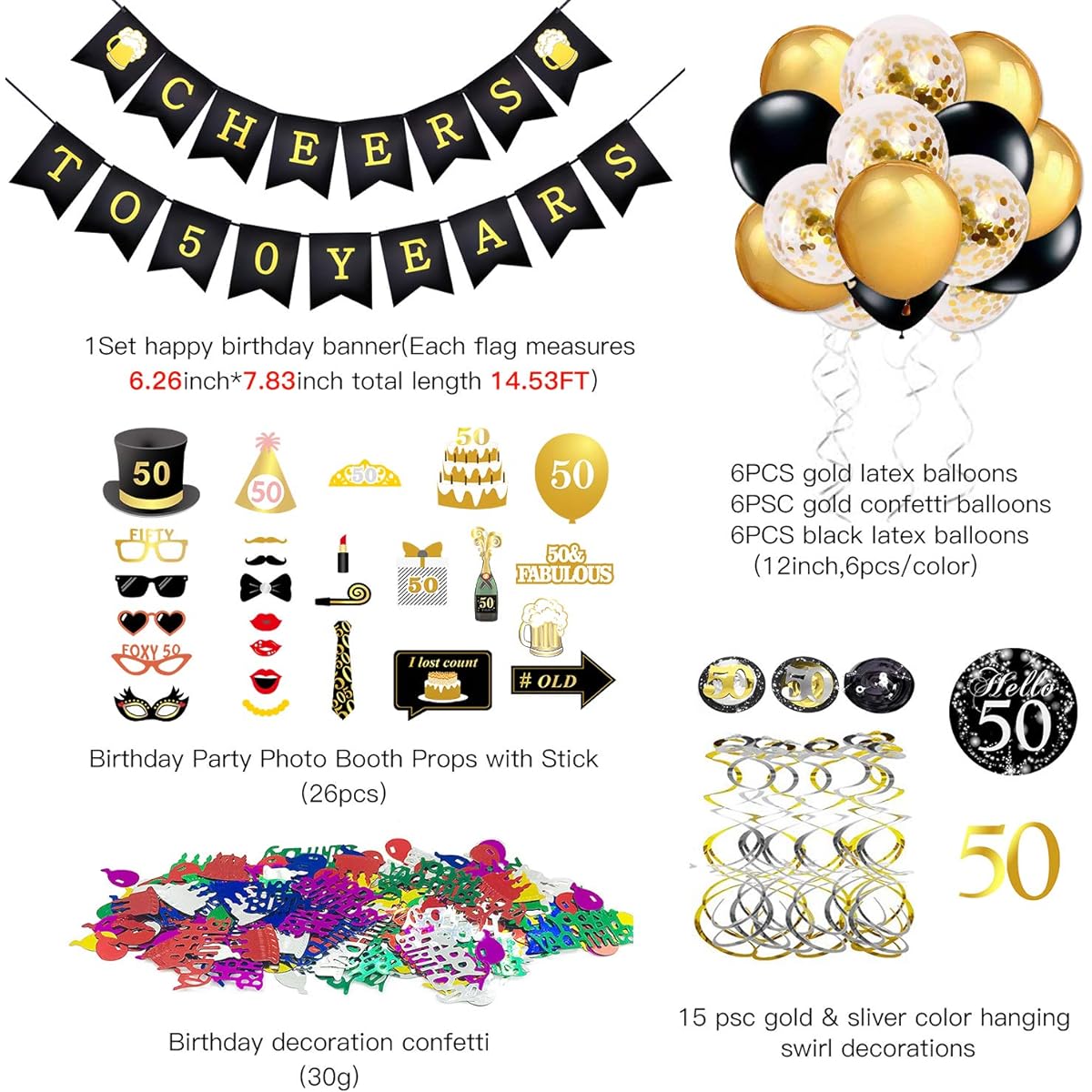 Konsait 50th Birthday Decorations Kit, 50th Celebration Banner, Birthday Balloons, Hanging Swirls, Birthday Photo Booth, Birthday Table Confetti for Boyfriend Men Women Birthday Party Decorations Favors