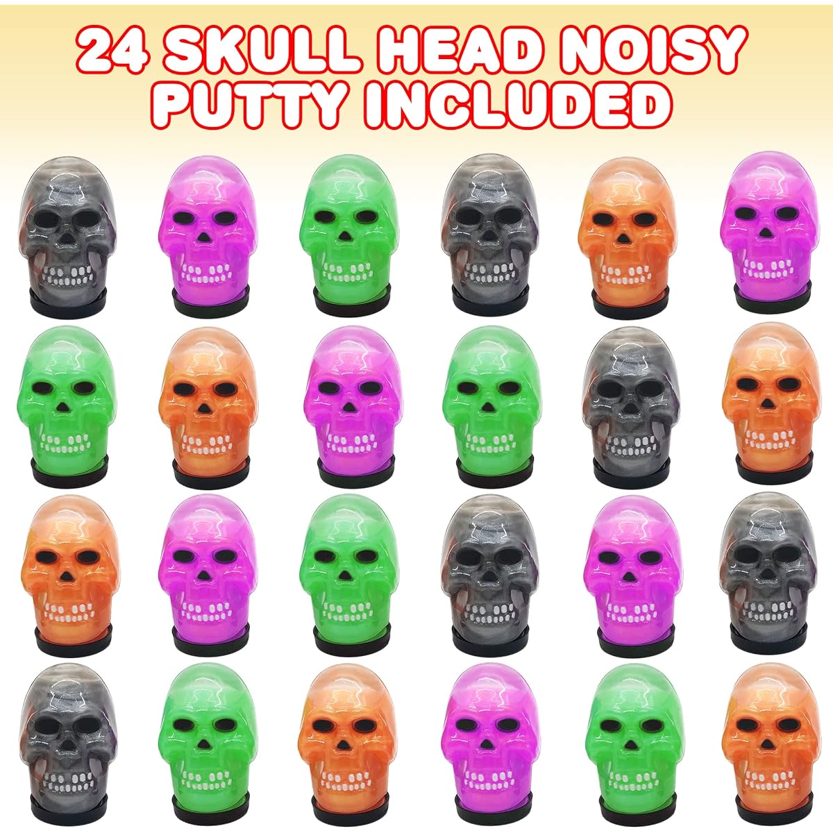 ArtCreativity Skull Head Noisy Putty Halloween Toys Set of 24, Candy Trick or Treat Supplies for Kids, Halloween Party Favors, Halloween Goody Bag Fillers, Prank Toys, 4 Colors