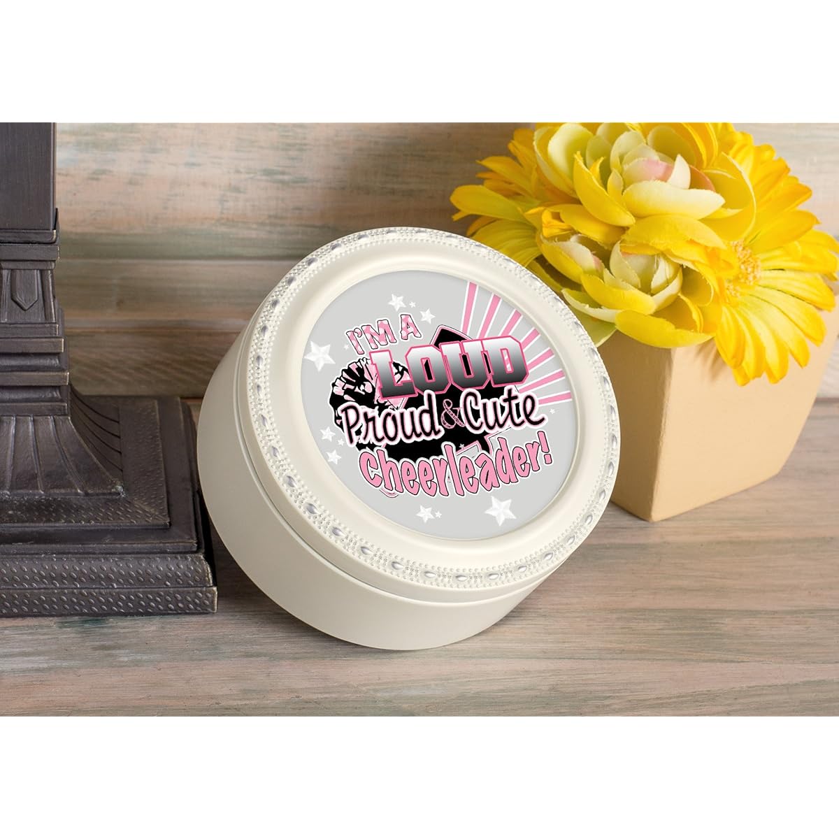 Loud Proud Cute Cheerleader Shiny Ivory Round Jewelry Music Box Plays Tune You Light Up My Life