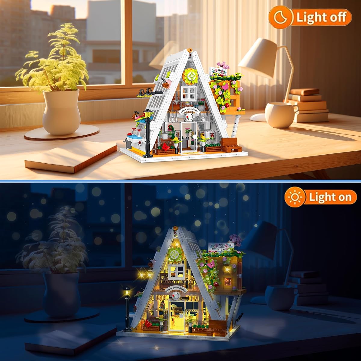 Addshiny Flower House Building Set with LED Lights DIY Botanical Flower Construction Glass Room Flower Shop Modular Building Kit 1413 Pieces MOC Toy Gift for Ages 6+