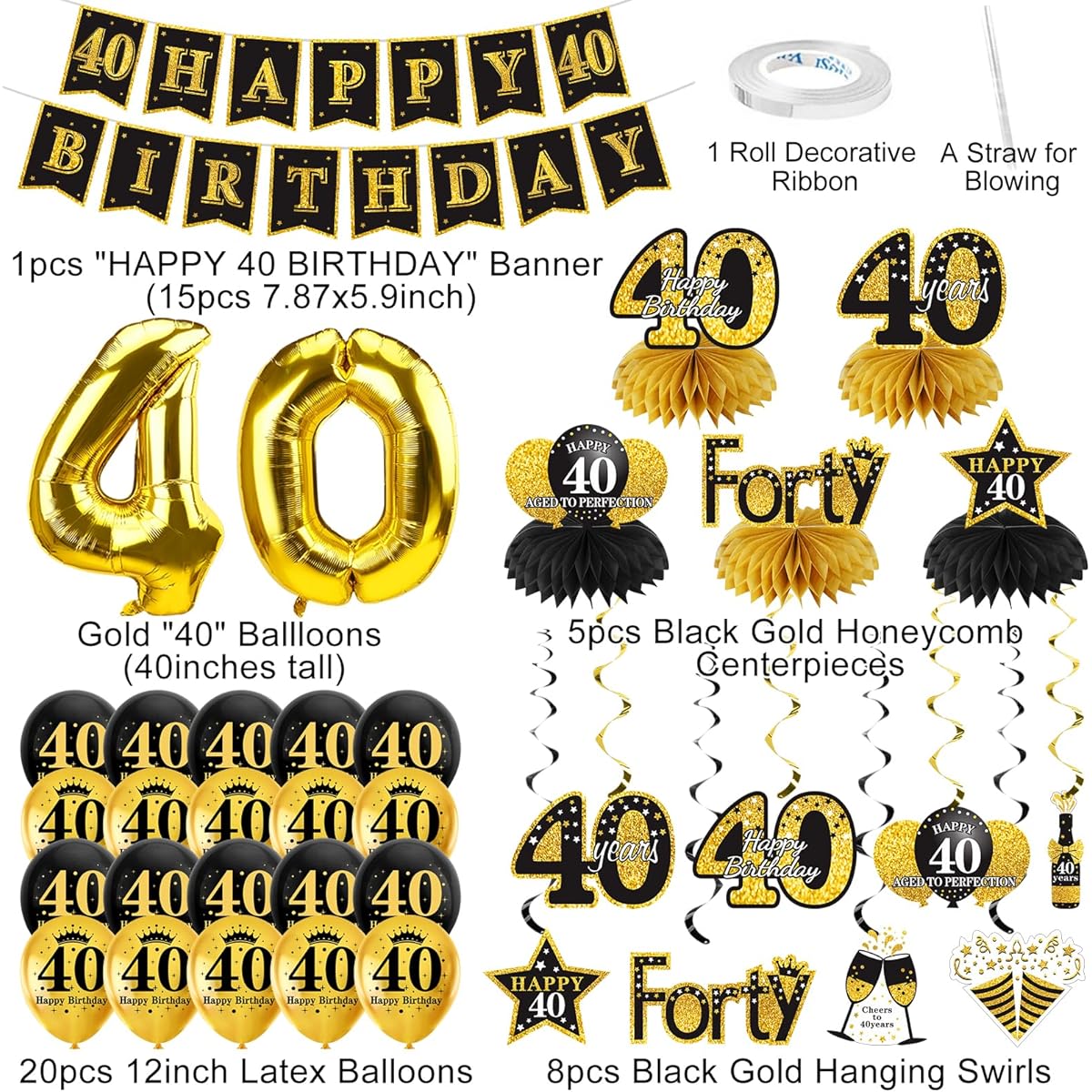 40th Birthday Decoration Kit 36 Pieces Black Gold Happy 40 Birthday Banner Balloon Honeycomb Centerpiece Hanging Swirl Kit Party Supplies 40th Birthday Banner Balloon Ceiling Table Topper Sign Party Decoration