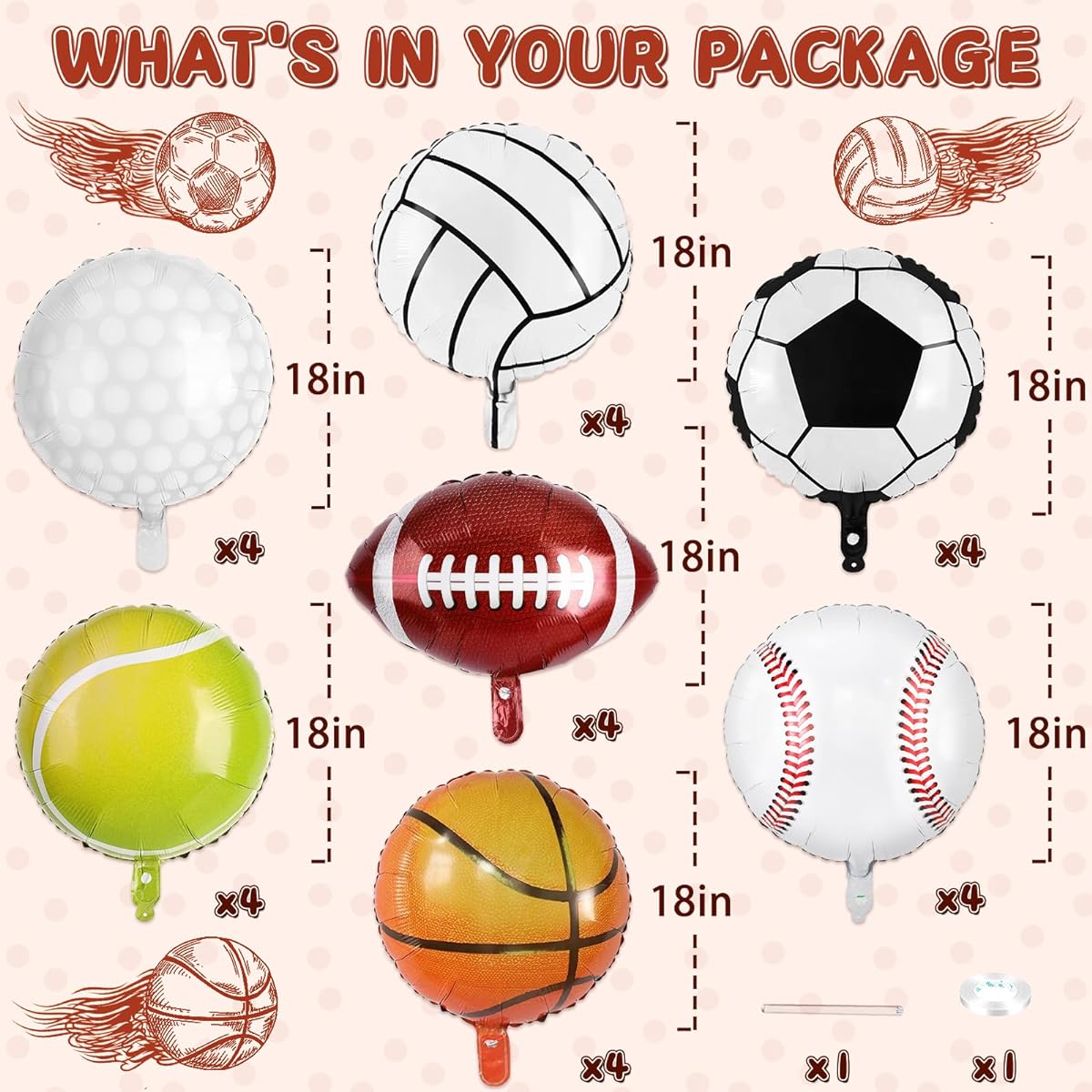 28 Piece Sports Foil Balloon Set Mylar Sports Balloons - 18 Inch Baseball Balloon Basketball Balloon Soccer Balloon Volleyball Balloon Sports Game Balloon for Birthday Sports Theme Party