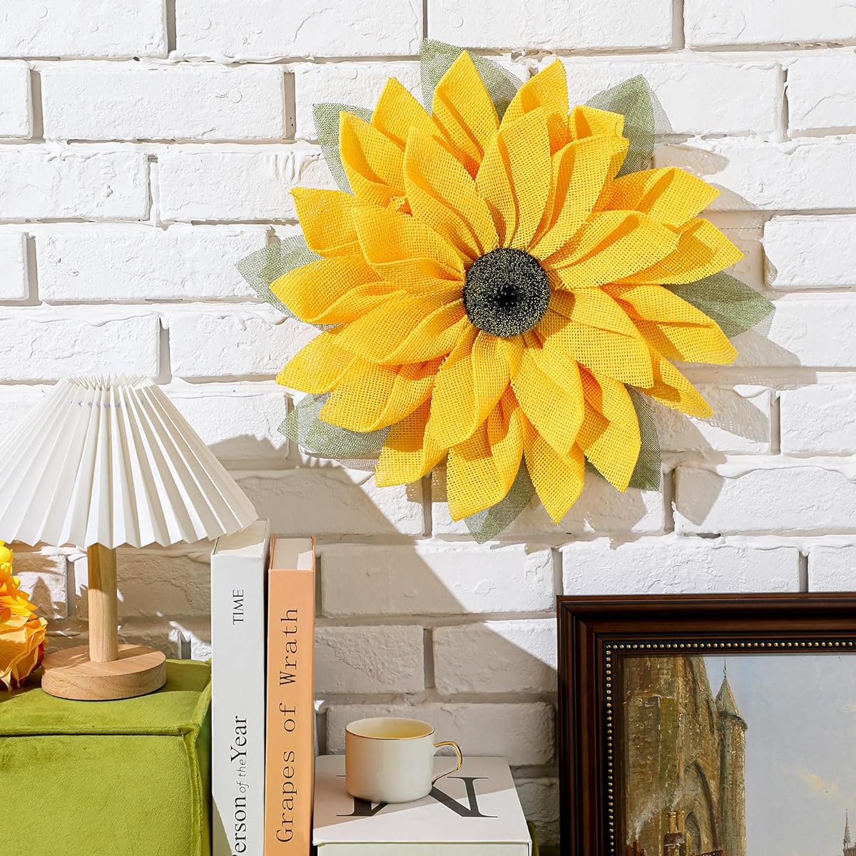 Peryiter 16.54" Sunflower Wreath for Entrance, Outdoor Sunflower Wall Hanging Decor, Artificial Burlap Wreath with Yellow Sunflowers, Rustic Garland Bee Festival Welcome Sign Decoration