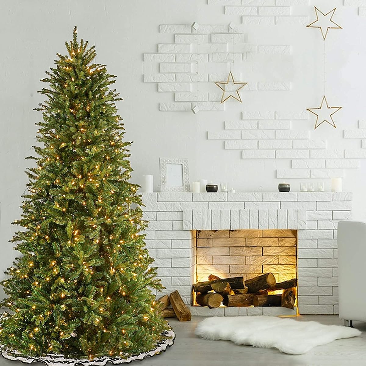National Tree Company "Feel Real" Artificial Christmas Tree Lights | Pre-Stringed with White Lights and Stand | Tiffany Fir Slim - 6.5 ft