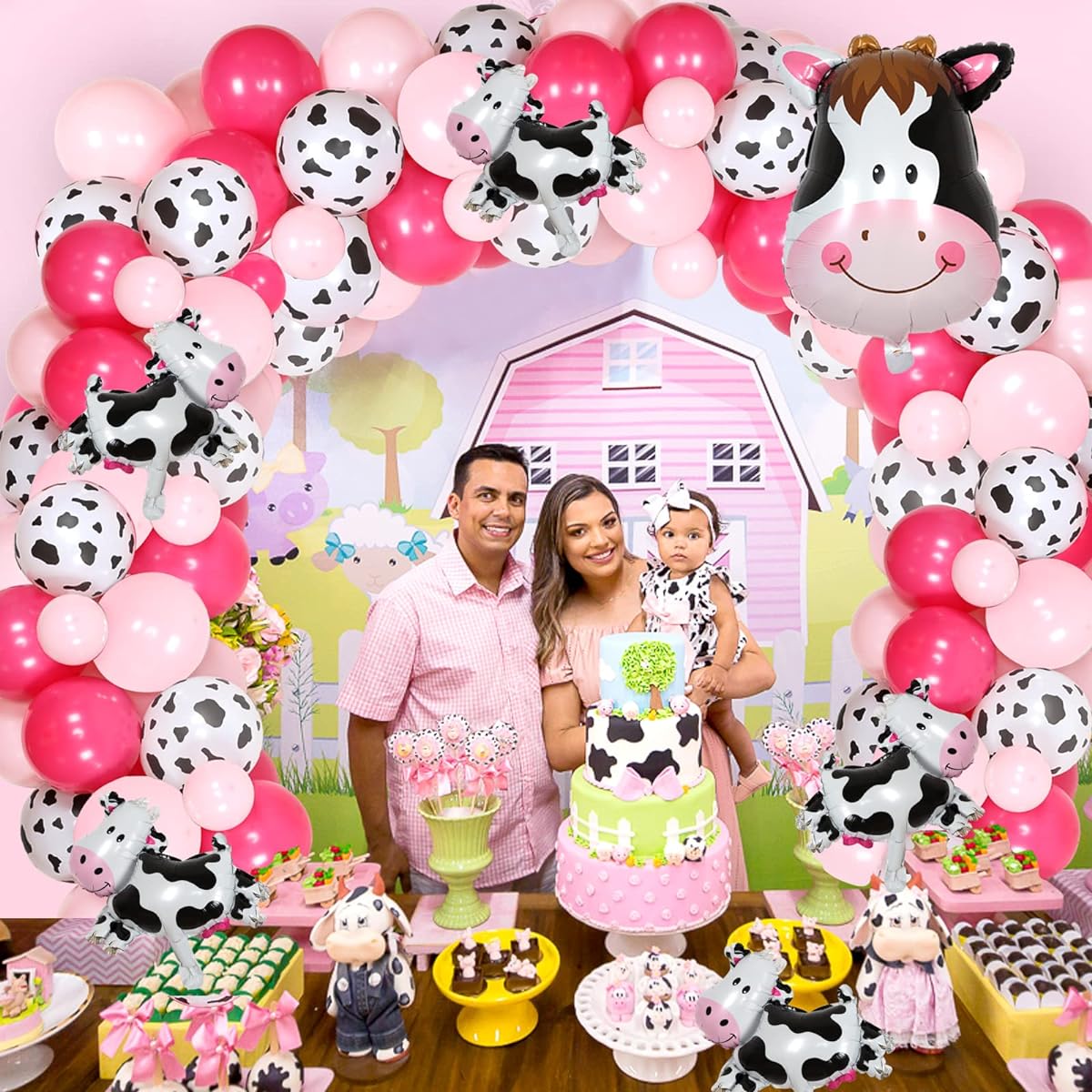 Cow 1st Birthday Decorations Hot Pink for Girls Holy Cow I'm One Banner - Cow Balloon Garland with Arch, Cow Head and Mini Cow Balloons for Farm Animals First Birthday Party Supplies