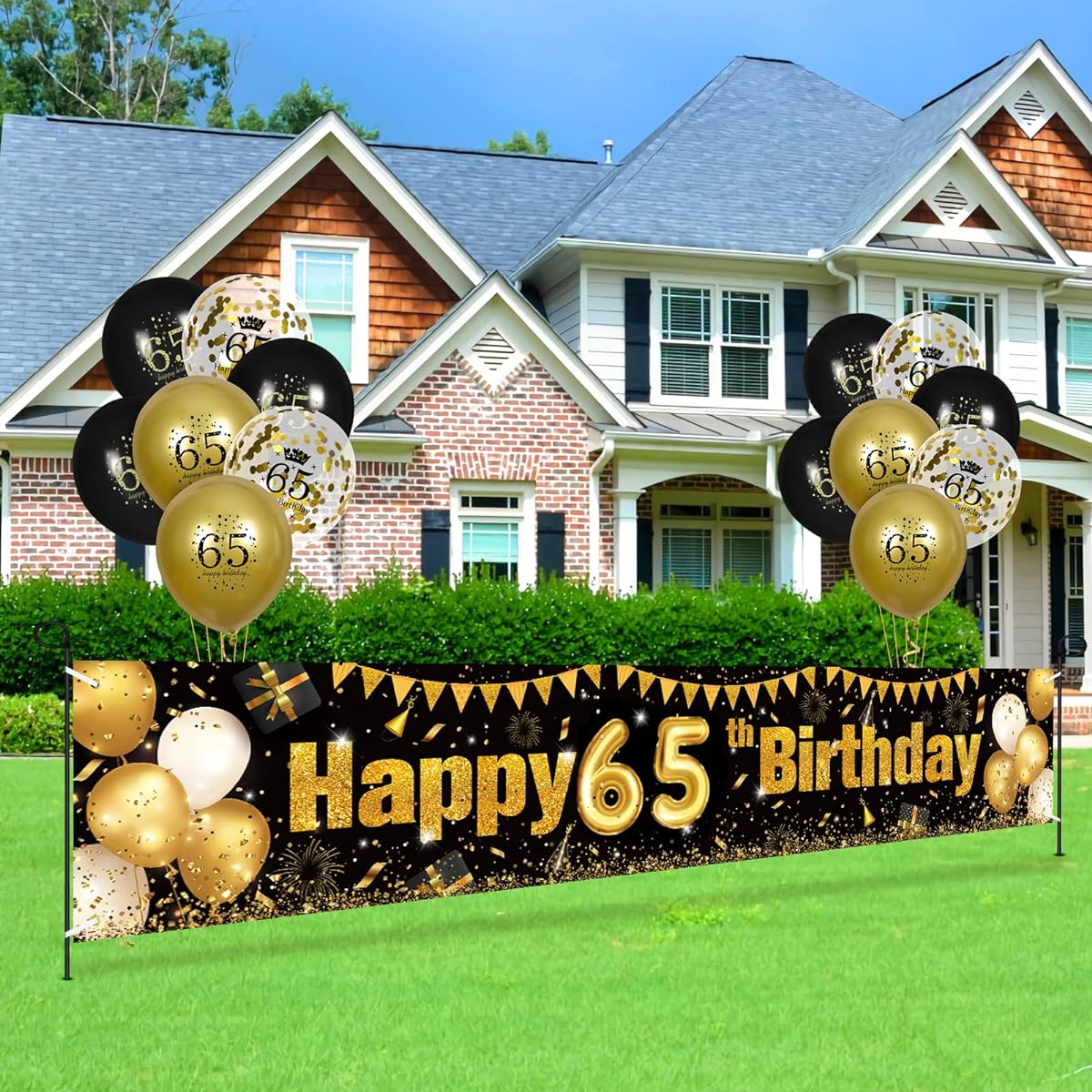 Black Gold 65th Birthday Decorations for Men Women Black & Gold Birthday Yard Banner Sign with 18 65th Birthday Balloons, 65th Anniversary Birthday Party Supplies, Outdoor Yard Decor