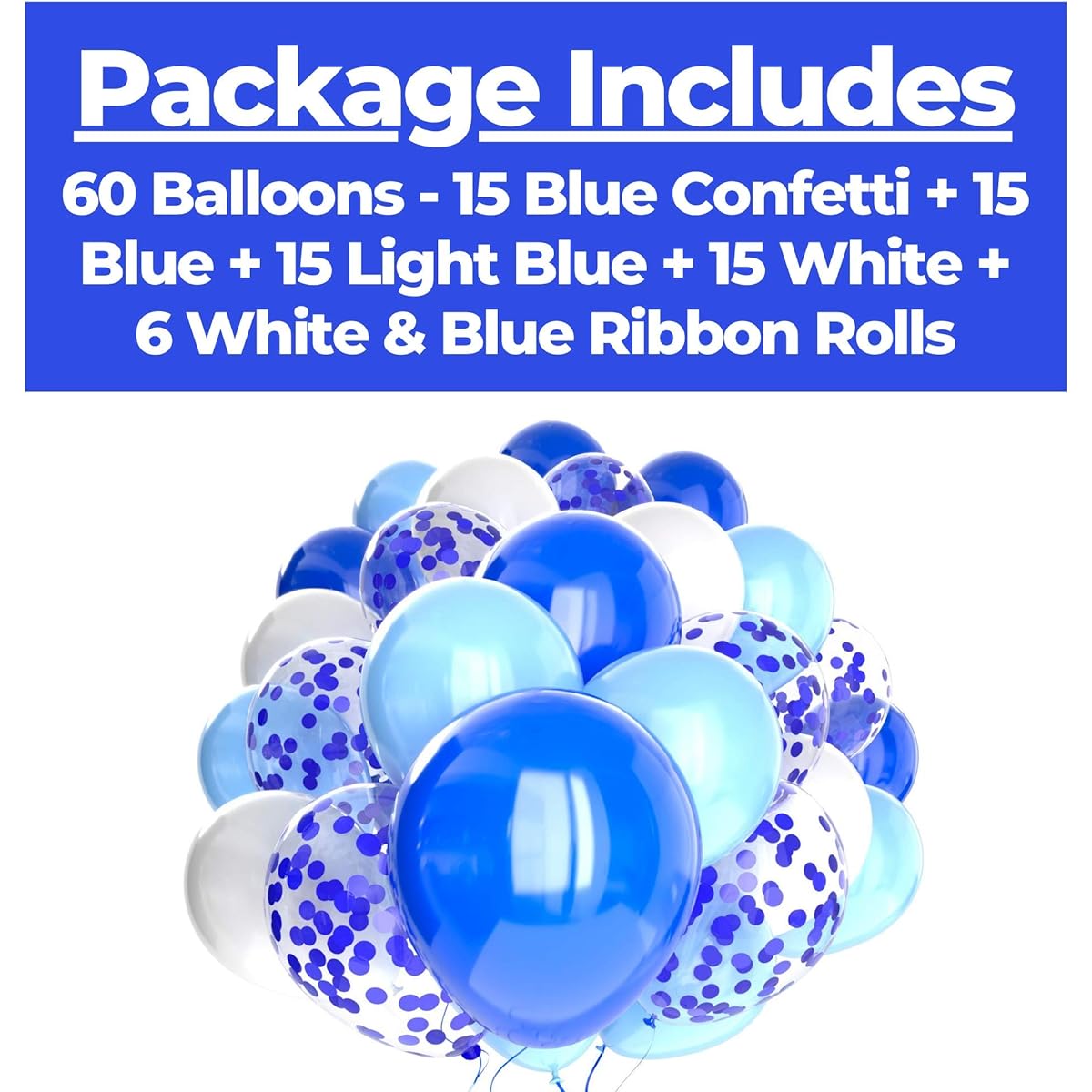 Blue Balloons + White Balloons + Blue Confetti Balloons with Ribbon | Blue Balloons | Globos Azules | Light Blue Balloons | Baby Blue Balloons | Blue Party Decorations | Blue White Balloons |