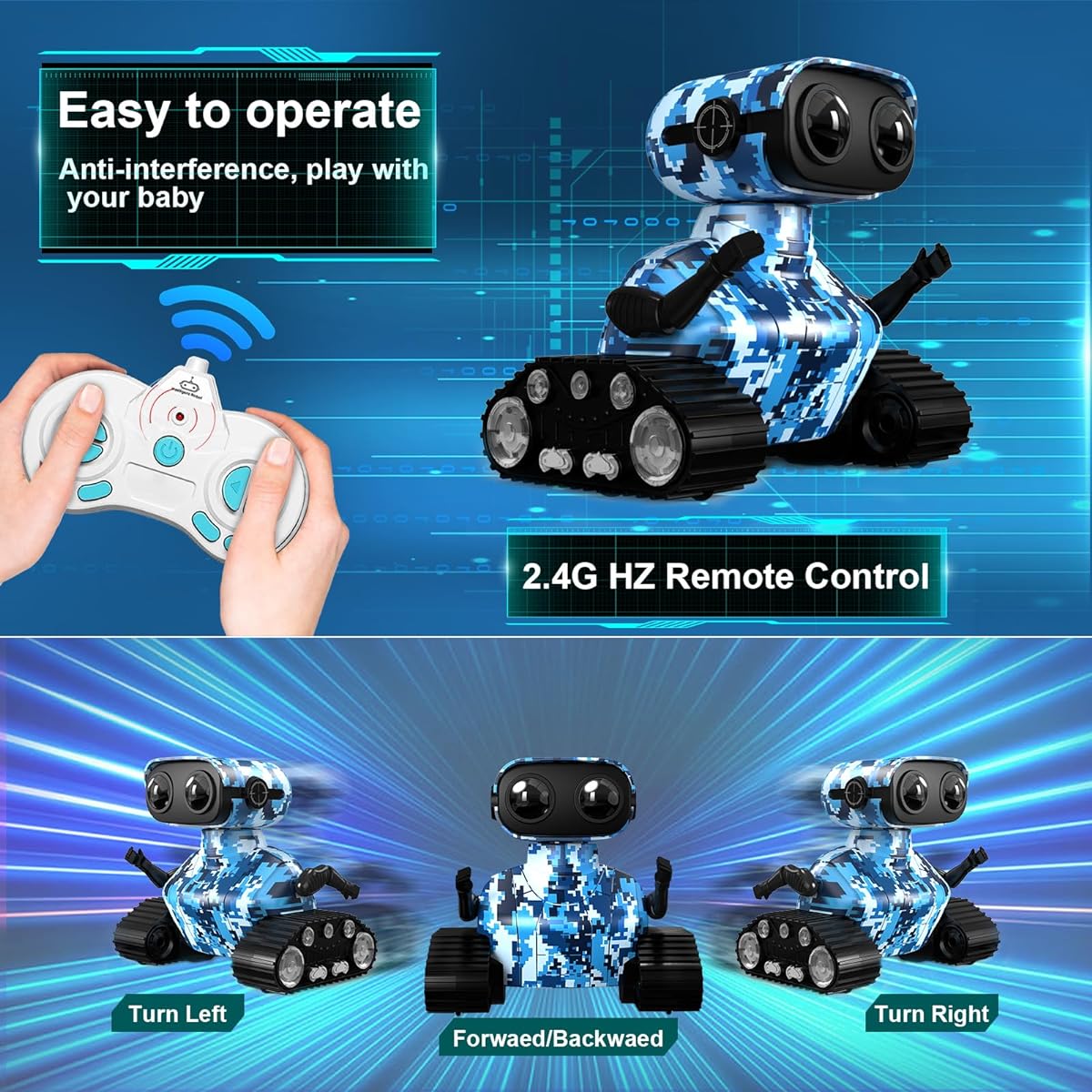 AOVIKOOD Rechargeable Robot Toy for Boys | RC Remote Control with LED Eyes, Dance Moves and Music | Gift for Kids Ages 3-4+ Enhances Imagination and Motor Skills (Navy Blue)