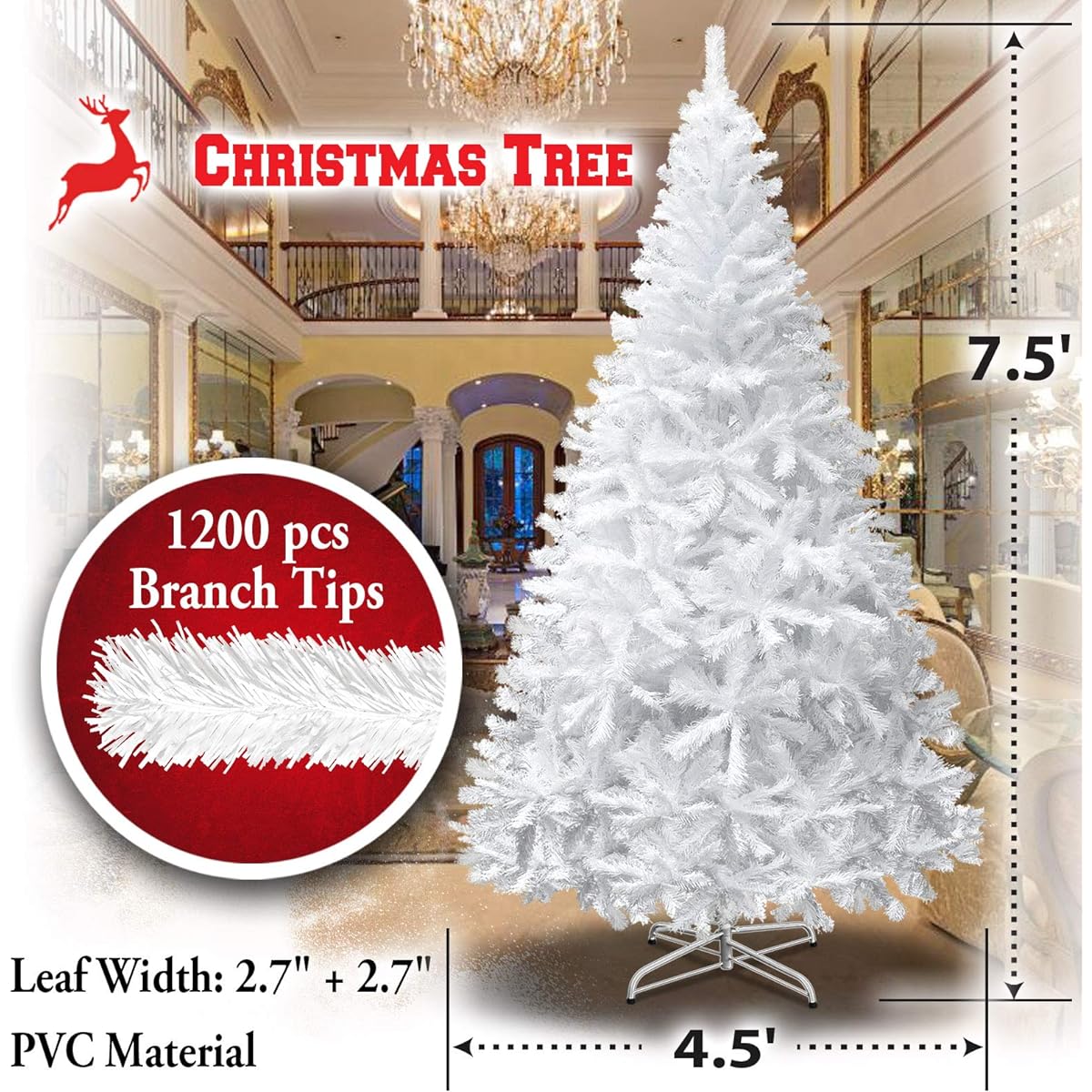 Strong Camel 7.5ft Artificial Christmas Tree White Christmas Spruce Tree with Metal Christmas Tree Stand (7.5ft)