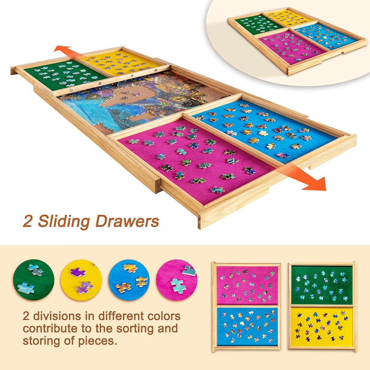Becko US Portable Puzzle Board with 4 Sorting Drawers & Cover Board, Wooden Jigsaw Puzzle Table, Smooth Flannel Top & Groove Handle, Easy to Move, For 1000 Piece Jigsaw Puzzles
