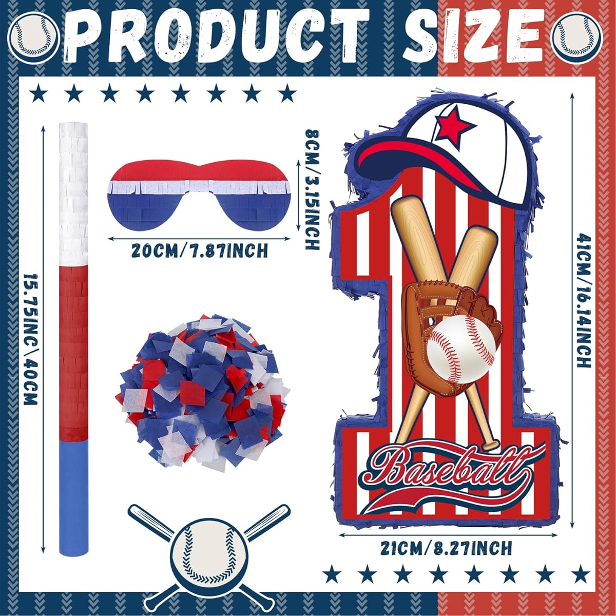 Baseball Number 1 Pinata 1st Birthday Party Decorations Pinata Birthday Party Supplies Pinata for Boys Blindfolded Pinata Stick Confetti 14 x 12 x 4 Inch