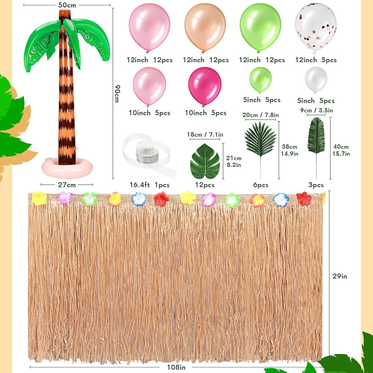 Hawaiian Birthday Party Supplies 2pcs Inflatable Palm Tree 83pcs Tropical Balloon Garland Kit Grass Table Skirt for Tropical Theme Birthday Party Baby Shower