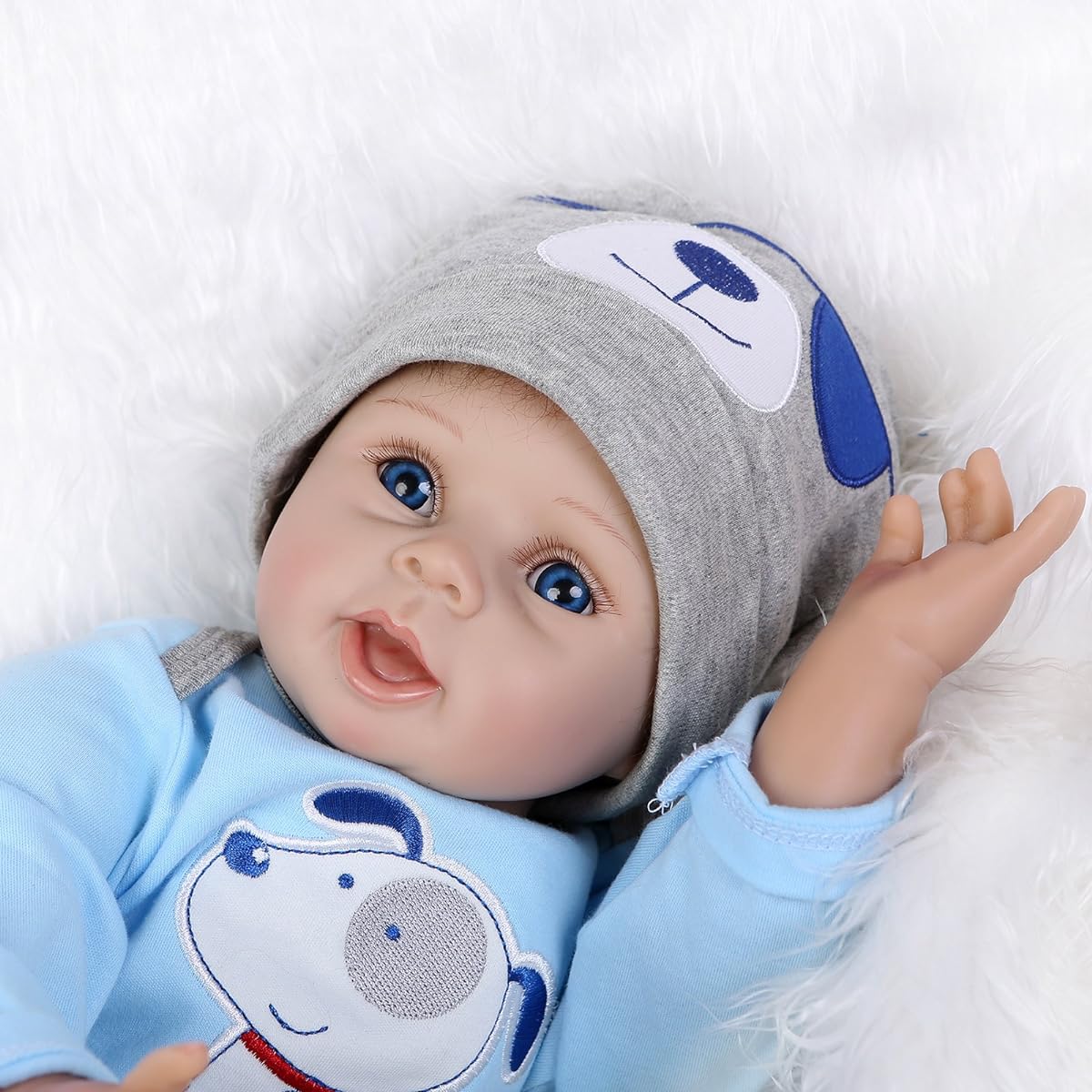 Reborn Baby Doll Soft Silicone Vinyl Baby Boy 22inch 55cm Mouth Cute Boy Toy Blue Dog Cute Doll Gift Set Age 3+