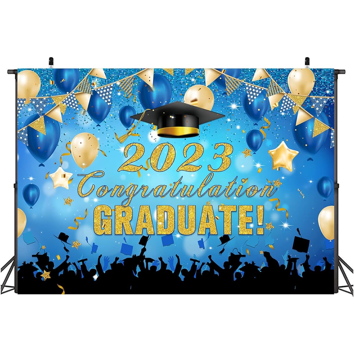 7x5ft 2023 Graduation Backdrop Backdrop Graduation Celebration Backdrop 2023 Graduation Backdrop 2023 Glitter Graduation Party Photo Decoration Graduation Party Supplies (Blue and Gold Congratulations)