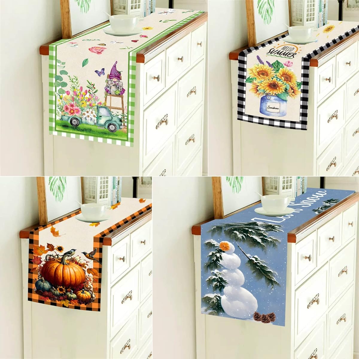 Seasonal Table Runner Hello Spring Summer Fall Winter Table Runner Seasonal Holiday Kitchen Dining Table Decorations for Indoor Outdoor Home Party Decor 13 x 72 Inch