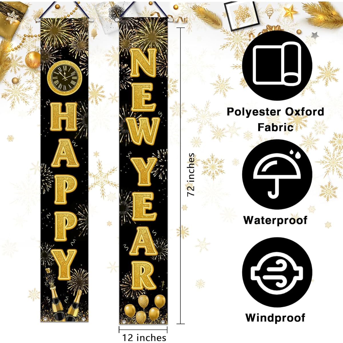 Fzbali Golden Happy New Year Porch Banner Sign Christmas Holiday Front Door Decoration Hanging Welcome Banner Flag Winter Seasonal Christmas Party Decoration Home Outdoor Garden Decor
