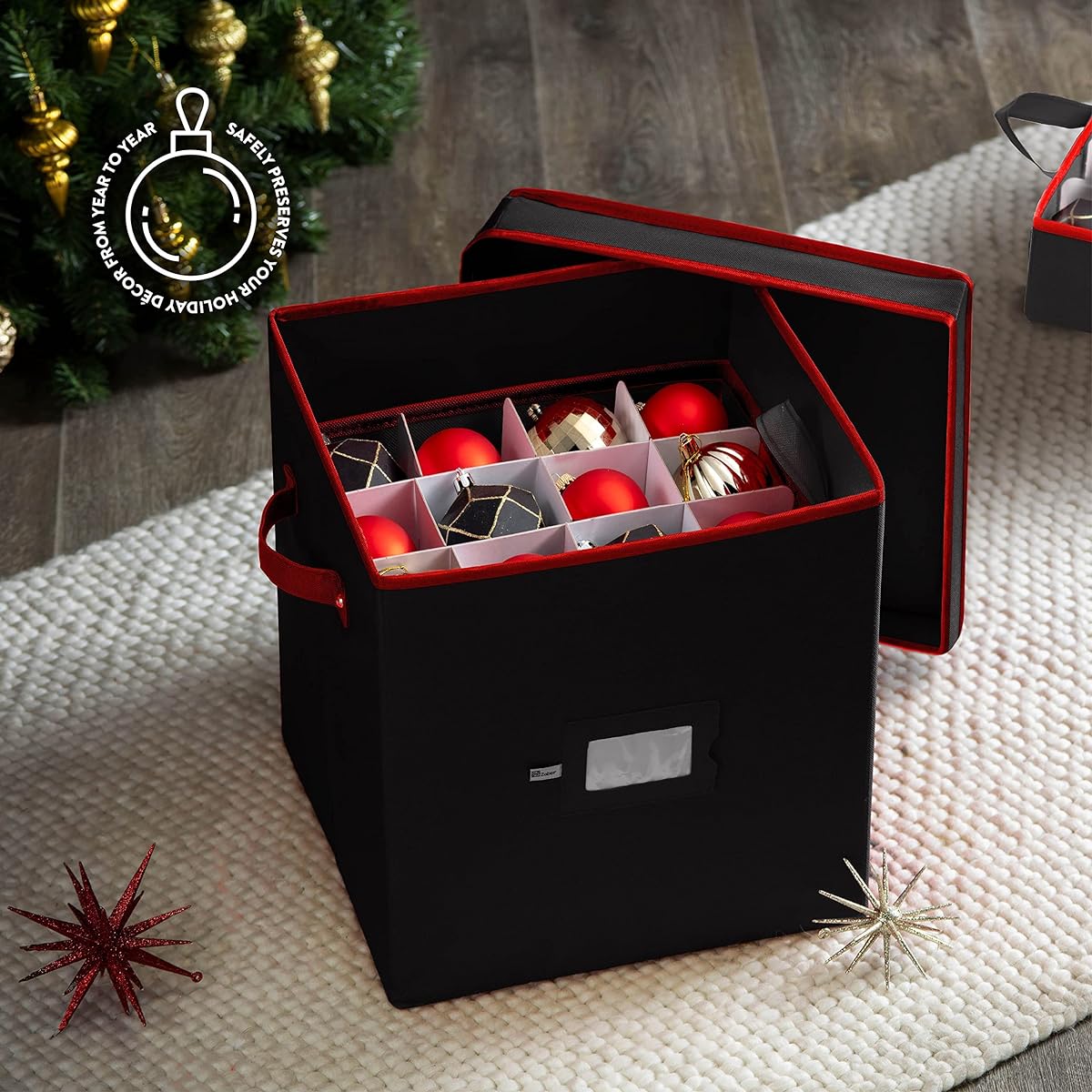 Premium Christmas Ornament Storage Box with Lid, 3-Inch Compartment, Holds 64 Holiday Ornaments and Christmas Accessories, Made of Tear-Resistant 600D Oxford Fabric