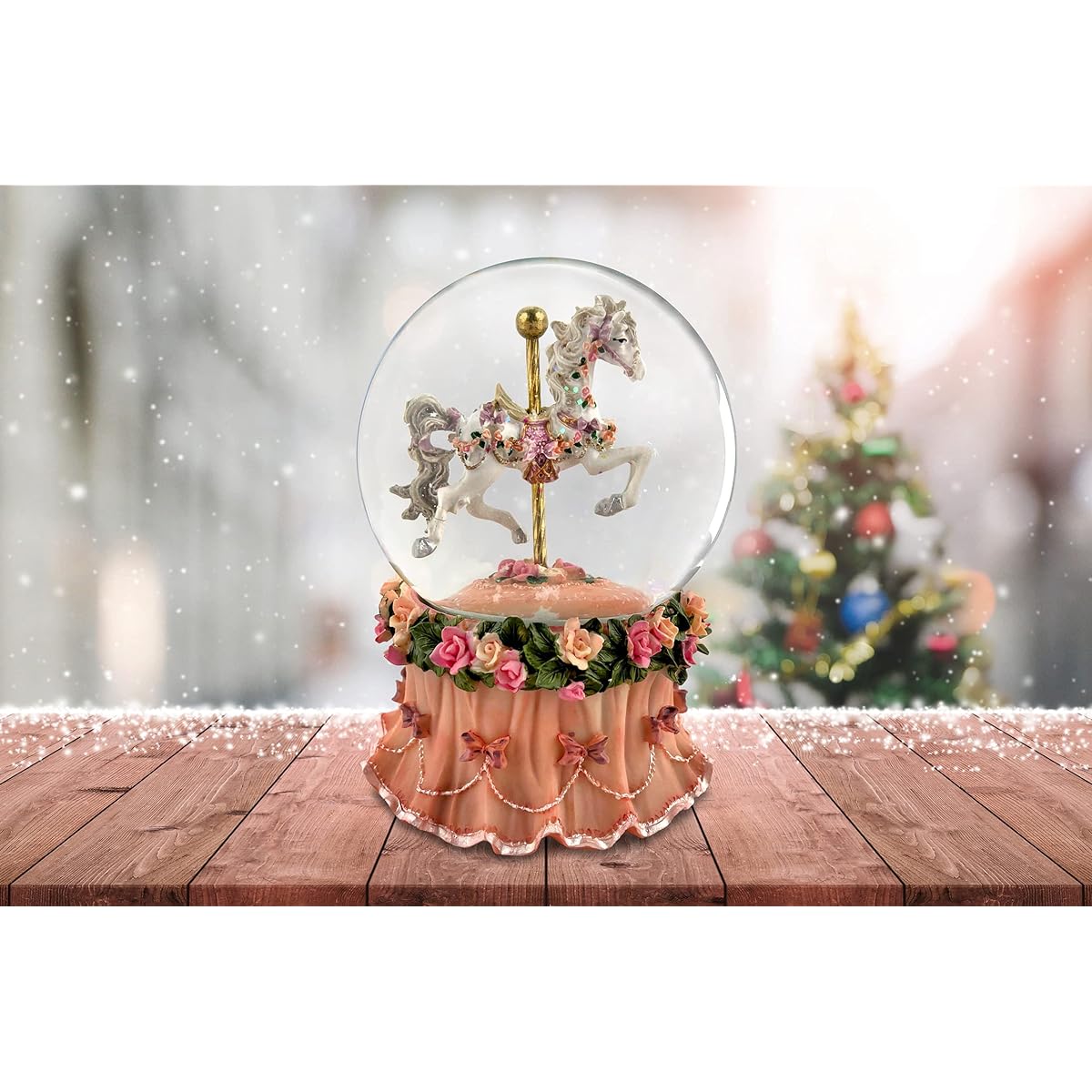Carousel Water Globe with Pink Flower Base