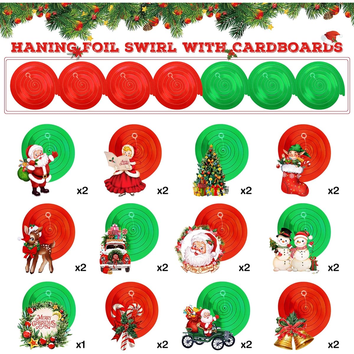 Christmas Hanging Foil Swirl Decorations Set Christmas Holiday Snowman Elk Sign Hanging Swirl Ceiling Decor Indoor Outdoor Happy Christmas Holiday Party Supplies (Santa Claus)