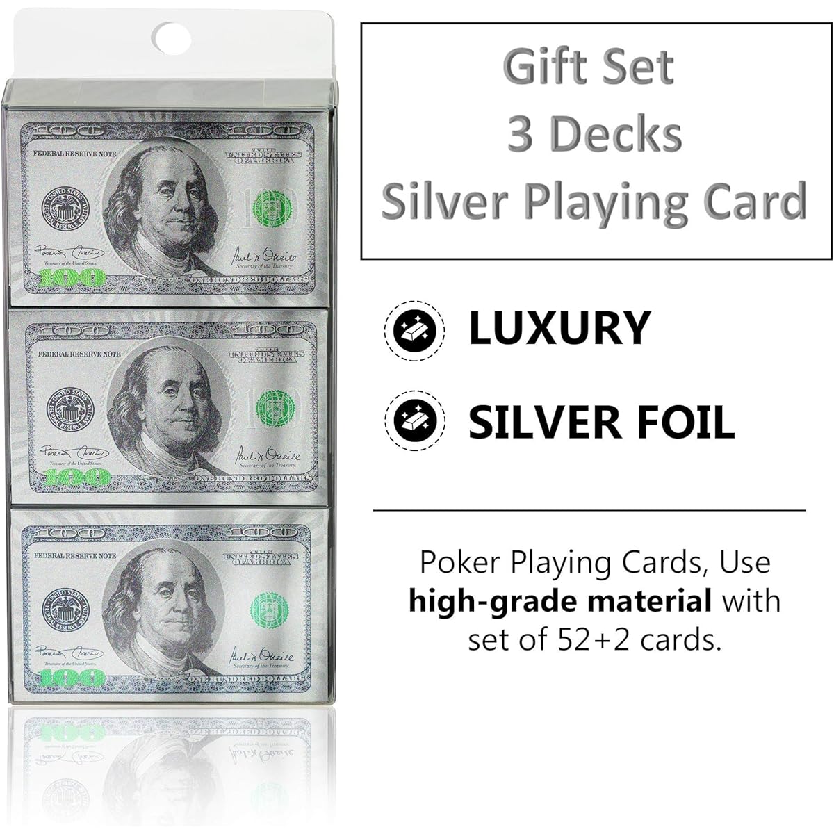 Magic Kiss 3 Decks Waterproof Silver Foil 100 Dollar Bill Poker Playing Cards Plastic Card Set with Gift Pack (Silver 3 Decks)