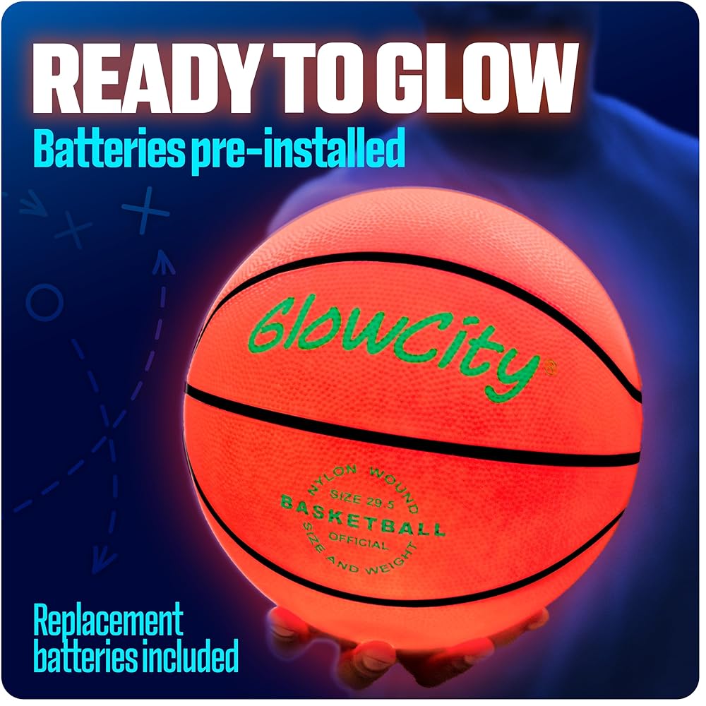 GlowCity Glow in the Dark Basketball for Teen Boys - Glowing Red Basketball Ball Light Up LED Toy for Night Ball Games - Sports Equipment & Gadgets for Kids Ages 8 and Up