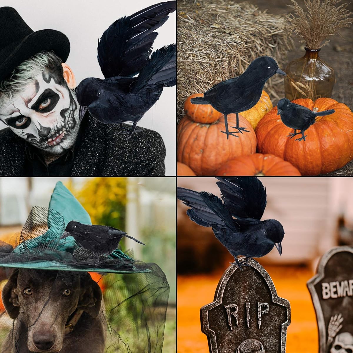 Darnassus 3 Pack Halloween Black Feathered Crows, Realistic Handmade Crow Props for Halloween Party Outdoor and Indoor Decorations