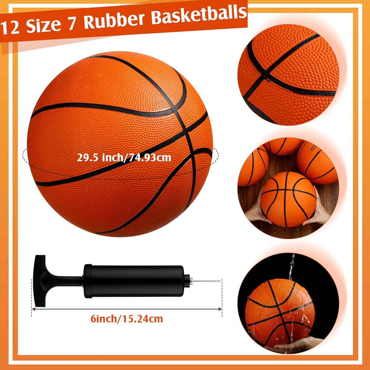 Official Size 7 Basketball Bulk Set 29.5 Inch Rubber Basketball with Air Pump Junior Arcade Game Basketball Donation Basketball Indoor Outdoor Swimming Pool Beginner Party Favors 12 Pieces