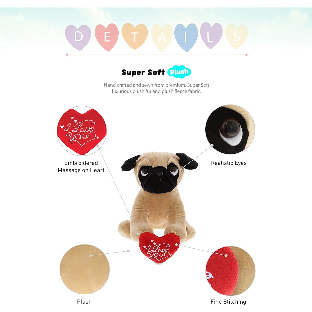 DolliBu Pug Dog I Love You Message Plush Toy 8 Inch Cute Teddy Bear with Heart for Boyfriend or Girlfriend Stuffed Animal Friends Romantic Anniversary Valentine Gift