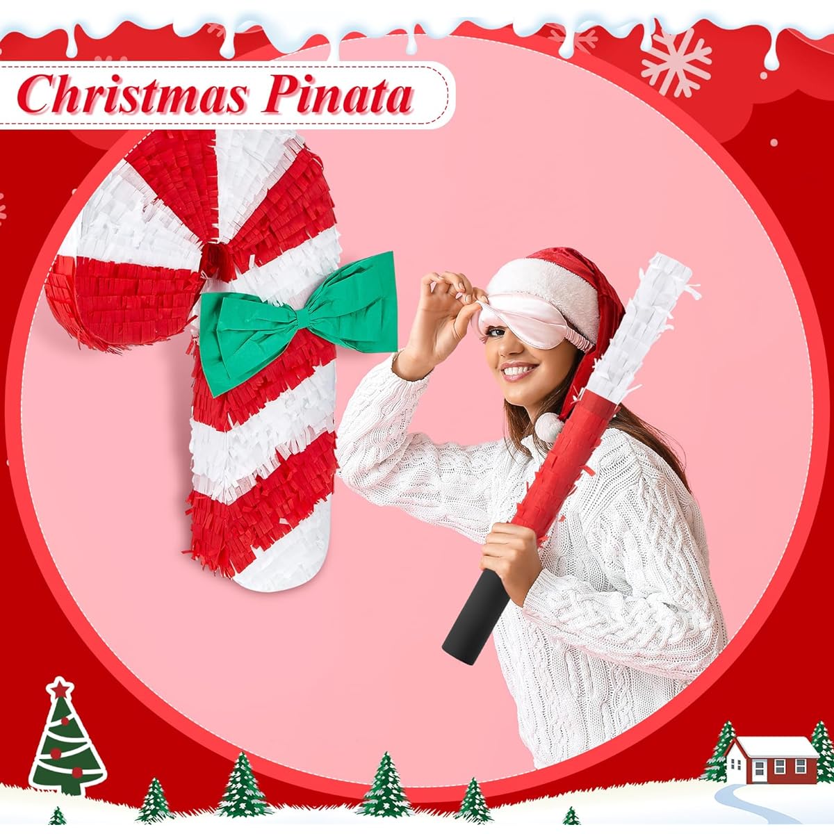 Syhood Candy Cane Pinata Pintastic Blindfold Confetti Christmas Pinata for Children Adults Boys Girls Holiday Christmas Birthday Anniversary Decoration Party Supplies (Candy Cane)