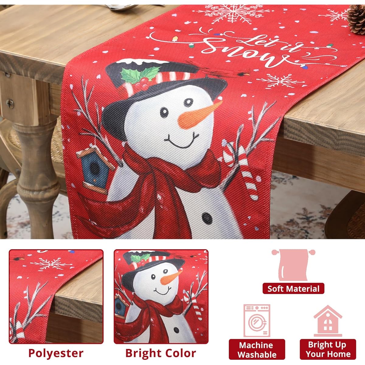 Christmas Snowman Table Runner 89 Inch Seasonal Winter Christmas Holiday Kitchen Dining Table Decor Home Party Outdoor Indoor 13x89 Inch