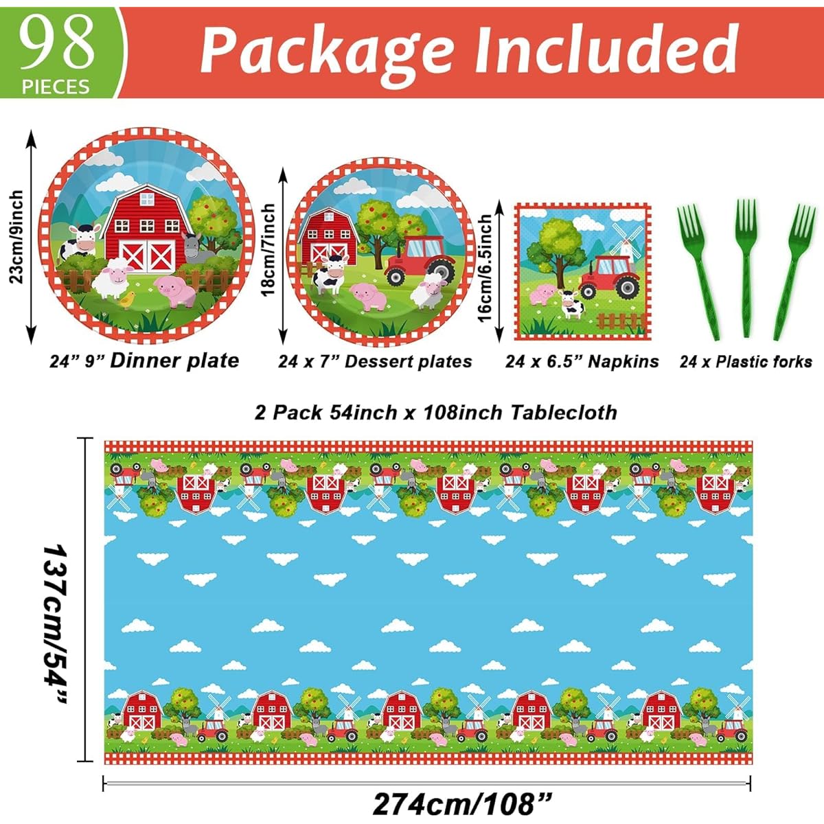98 Pieces Farm Animals Party Decorations Barn Animals Tableware Set Plates Napkins Tablecloth Farmhouse Birthday Party Supplies Kit for Kids Farm Table Cover Tableware Party Favors 24 People