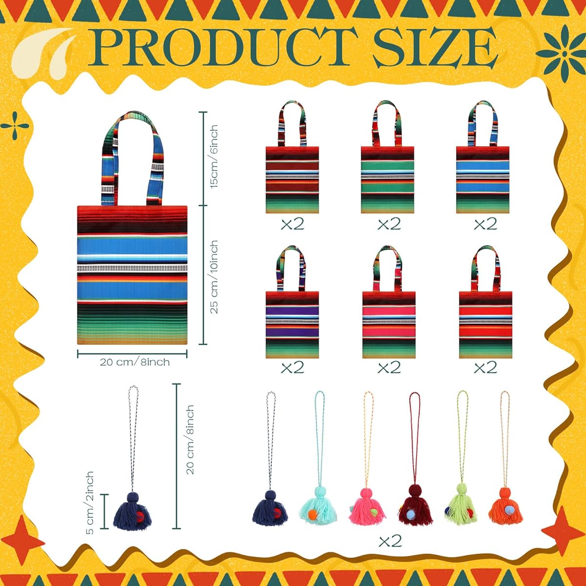 LEIFIDE Mini Mexican Party Favor Bags, 12 Pieces 10 x 8 Inch Fiesta Gift Bags with Colorful Hanging Tassels, Small Mexican Candy Goodie Bags, Polyester Mercado Bags for Mexican Themed Party Favors