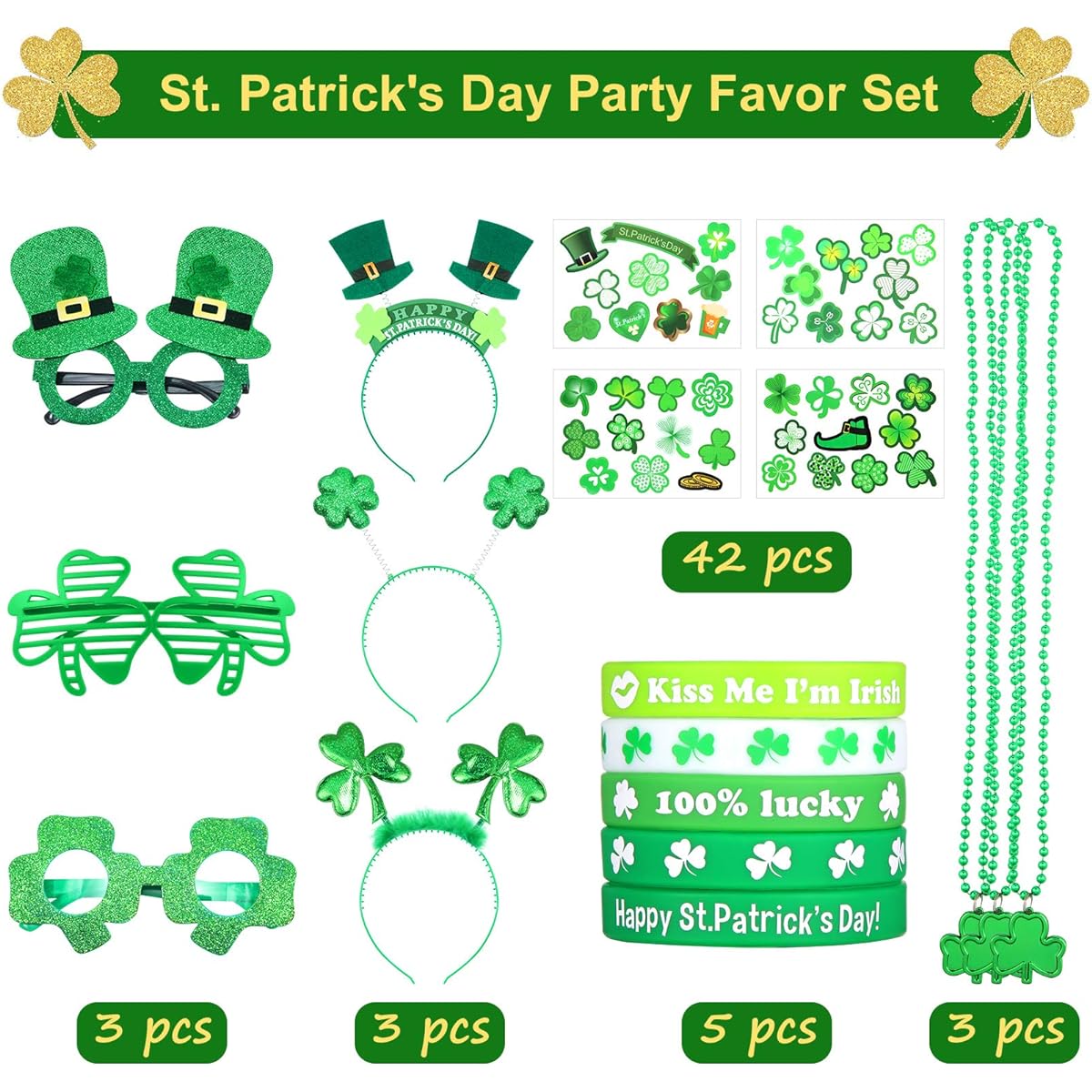 18-Piece St. Patrick's Day Party Favors Set, 3-Piece St. Patrick's Day Headband, 3-Piece Shamrock Glasses, 3-Piece Green Bead Necklace, 4-Piece Irish Window Decal, 5-Piece Lucky Bracelet