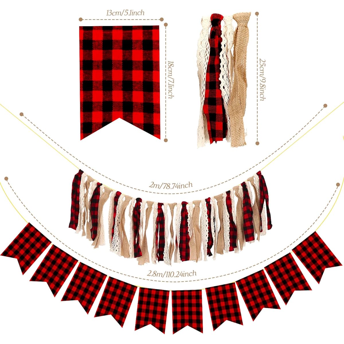 Whaline Buffalo Check Plaid Banner Red Black Tassel Garland Lace Burlap Banner Rag Tie Banner Plaid Bunting Garland Christmas Wedding Birthday Mantle Fireplace Wall Party Decoration 2pcs