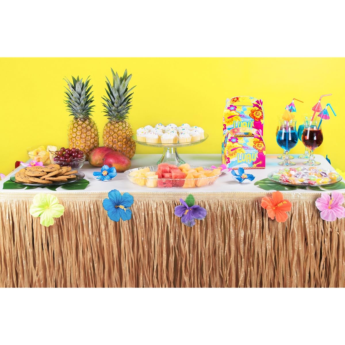 Hawaiian Luau Hibiscus Natural Colour String & Colourful Silk Faux Flowers Table Hula Grass Skirt for Party Decoration, Events, Birthdays, Celebration (1 Pack) by Super Z Outlet