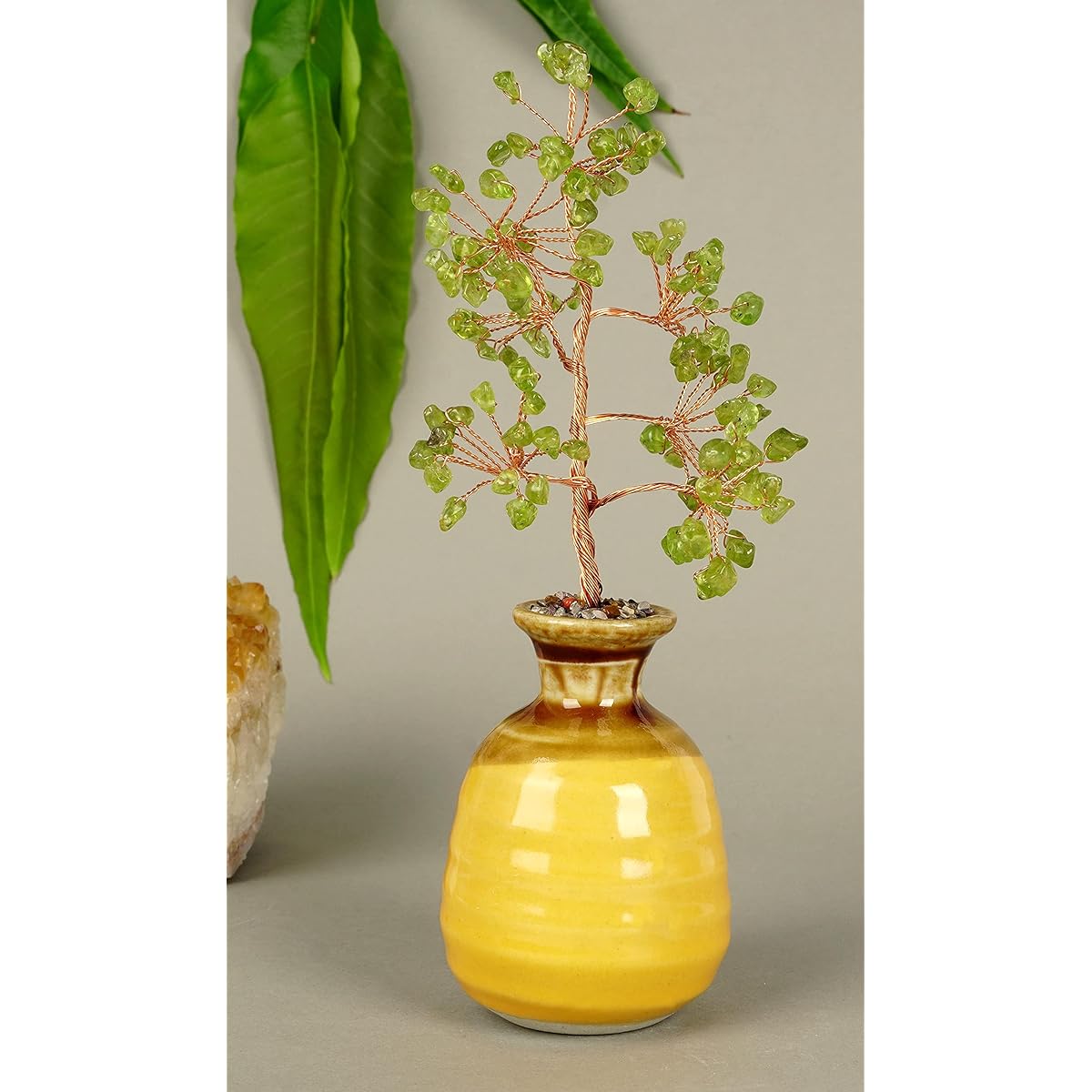 Reikiera Peridot Copper Wire Stone Tree Bonsai Feng Shui Gemstone Decorative Tree with Ceramic Pot Base