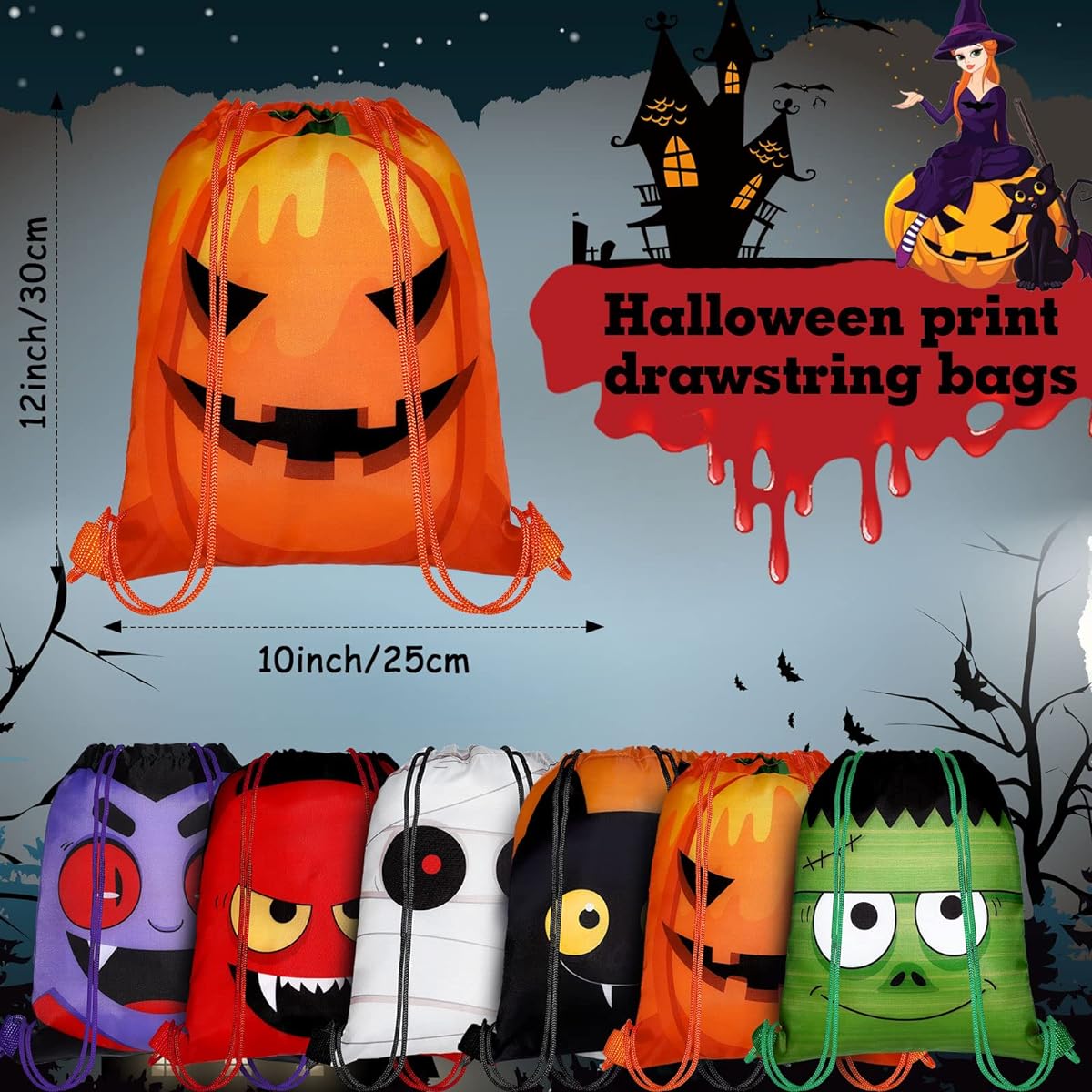 18 Pieces Halloween Drawstring Bags Set, Halloween Drawstring Backpacks Party Supplies Halloween Polyester Drawstring Sacks for Kids Trick or Treat Party Favors Gift Packaging Bags, 6 Styles