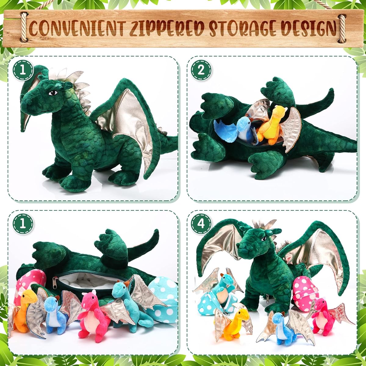 7 Piece Dragon Plush Toy Set, 16" Large Dragon Stuffed Animals, Zippered Dragon Toy, 4 Cute Baby Stuffed Animals and 2 Eggs in Mommy Dragon's Belly, Birthday Gift Party Favors