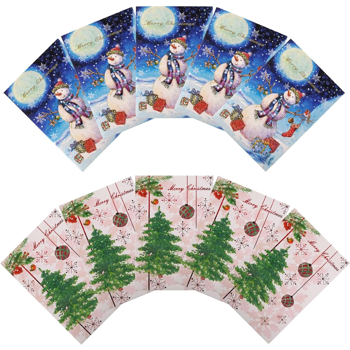 10 Foil and Glitter Holiday Cards with White Envelopes - Snowman and Christmas Tree Design