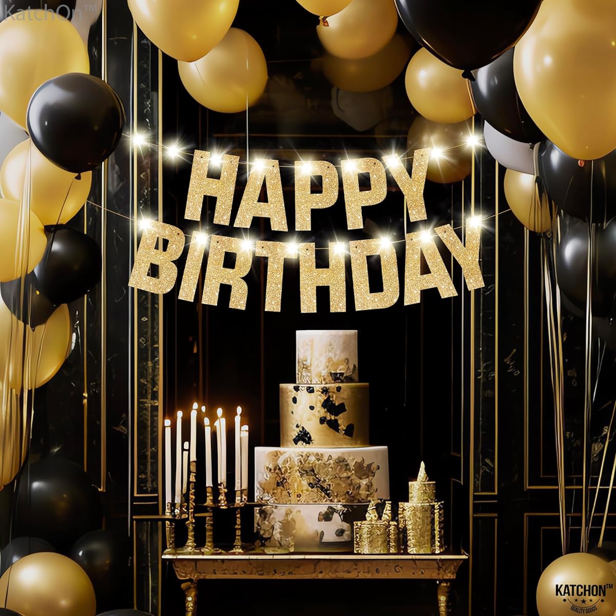 KatchOn, Light Up Happy Birthday Banner - 10ft, 8 Modes, Glitter Birthday Banner | Gold Birthday Party Banner Rustic Birthday Decorations | Happy Birthday Sign, Light Up Birthday Decorations