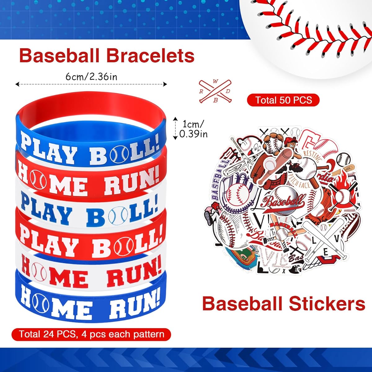 Aoriher Baseball Party Favors Set 194 Pieces Soccer Basketball Football Silicone Bracelet Charm Bracelet Mini Bouncy Ball Toy Keychain Non-Woven Gift Bag Sticker Eraser for Party (Baseball)