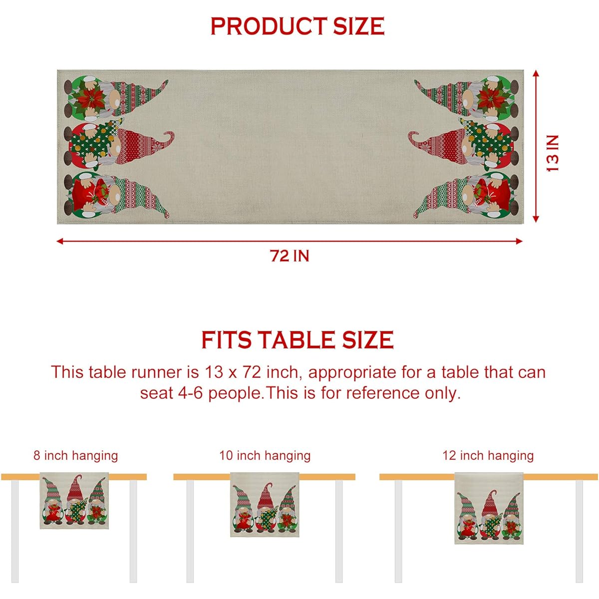 Gnomes Table Runner Elf Christmas Tree Flower Tablecloth Mat for Kitchen Dining Table Burlap Linen Indoor Outdoor Home Party Decor 13 x 72 Inch