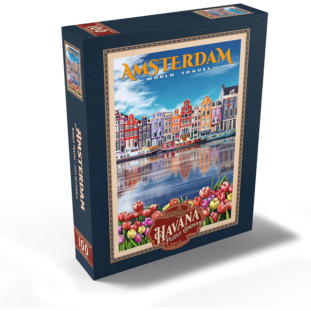 MyPuzzle Amsterdam, Netherlands - Canal City Vintage Travel Poster - Premium 100 Piece Jigsaw Puzzle for Adults