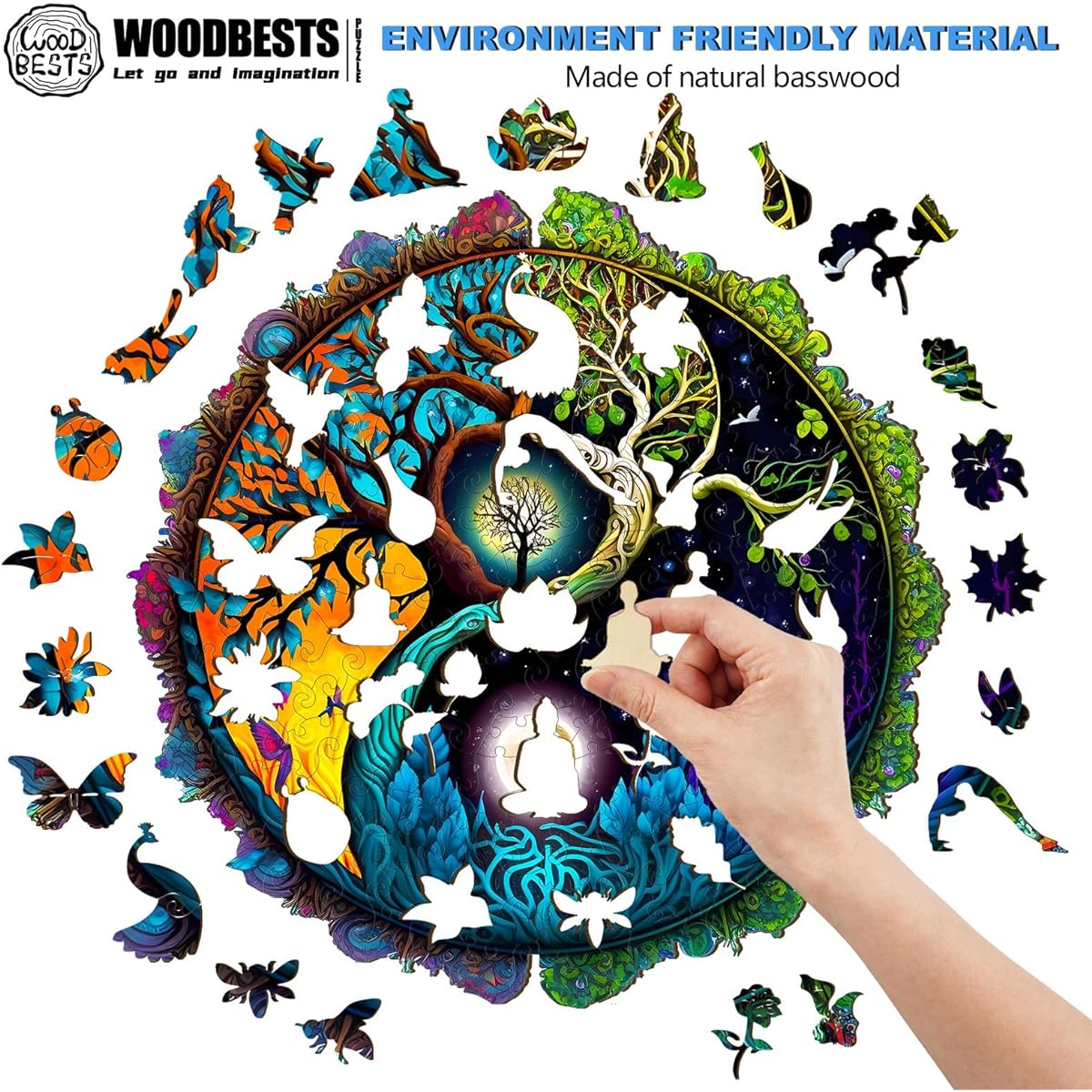 WOODBESTS Yin Yang Tree of Life Puzzle Wooden Jigsaw Puzzle for Adults (Large 300 Pieces, 13.8x13.8 Inch) Beautiful Wooden Box Puzzle Wood Unique Shape Birthday Gift for Adults and Kids Family Game