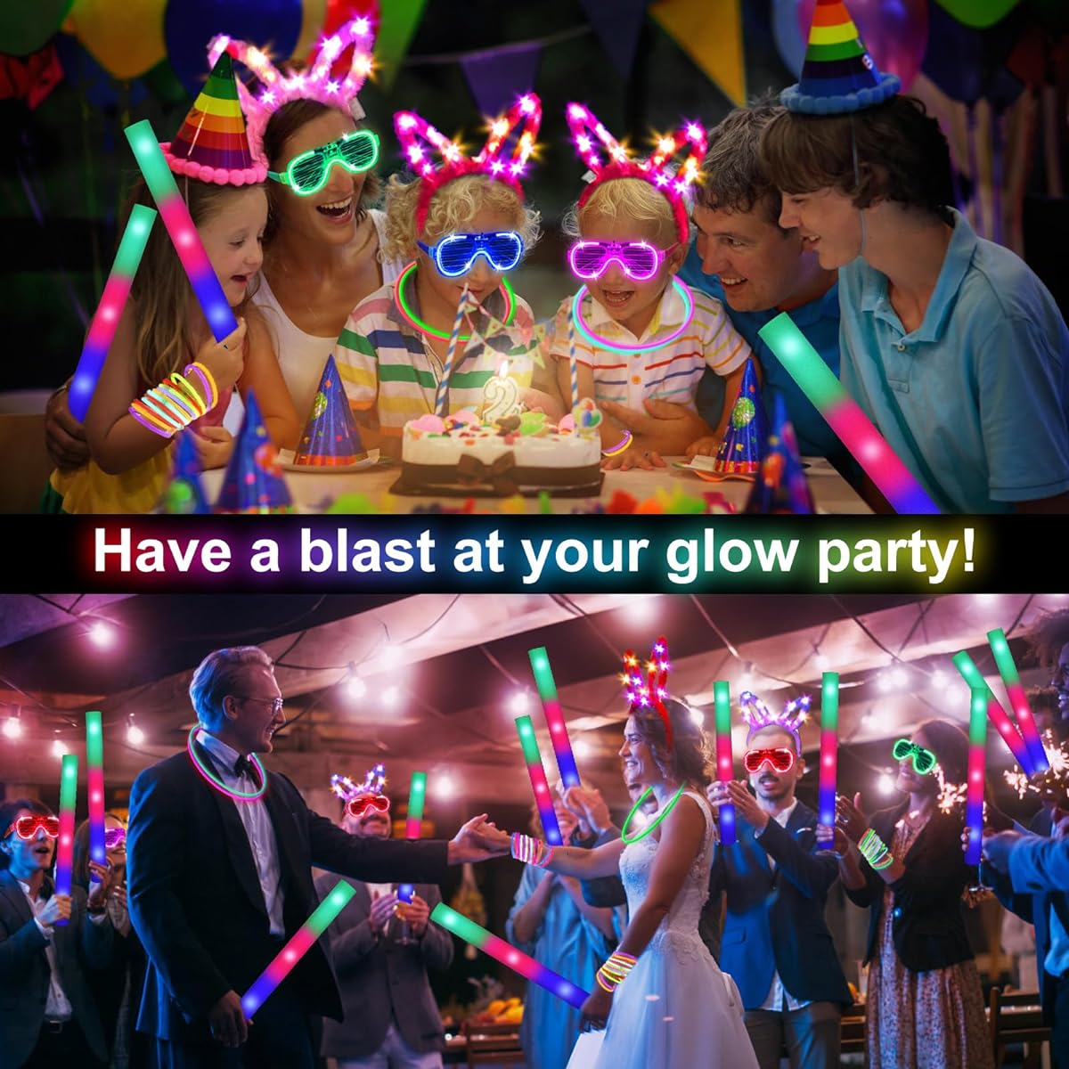 SHQDD 136pcs Glow in the Dark Party Supplies Halloween Party Favors, 12pcs 16" Foam Glow Sticks, 12pcs LED Glasses, 12pcs Bunny Ear Headbands, 100pcs Glow Sticks for Neon Party for Kids or Adults