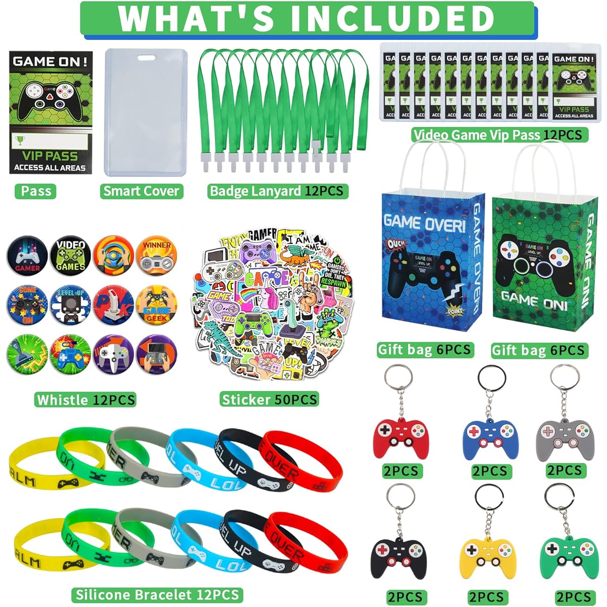 110 Pieces Video Game Party Favors Games Birthday Party Supplies with Goodie Bags VIP Pass Lanyards Bracelets Key Buckle Stickers and More Birthday Party Classroom Prizes Kids Return Gifts