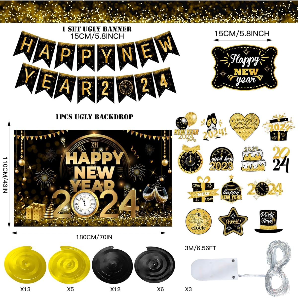 Syhood 42 Pieces Happy New Year Party Supplies Set,Happy New Year Party Foil Hanging Swirls Ceiling Large New Year Party Backdrop Banner LED String for Happy New Year Party Decorations