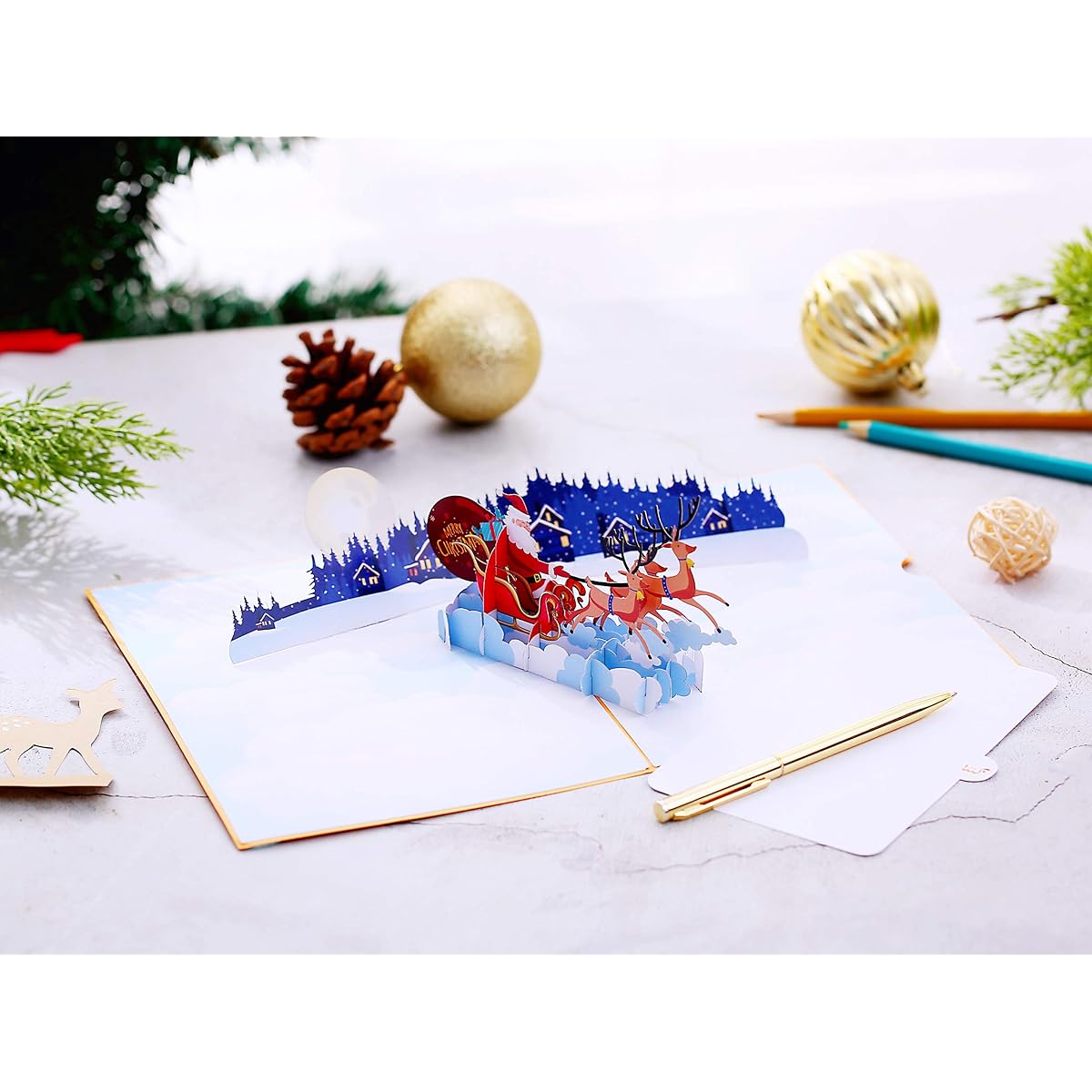 Liif Santa Sleigh & Reindeer 3D Pop Up Christmas Card Happy Christmas Card for Kids Holiday Card Christmas Card Gift with Insert Note & Envelope Large Size 8" x 6"